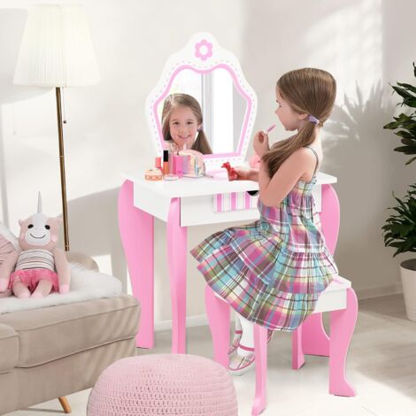 Set Scrivania Toeletta Vanità Per Adolescenti Con Specchio Illuminato A LED E Luci Regolabili, Bianco, Con Cassetti, Sedia Inclusa, Tavolo Da Trucco - 2