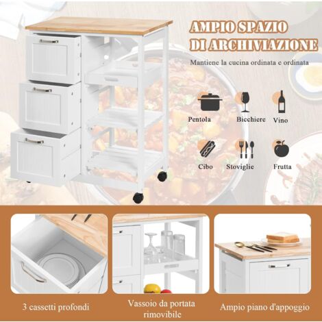 Carrello portaoggetti a 3 ripiani 82,5h cm in legno e metallo