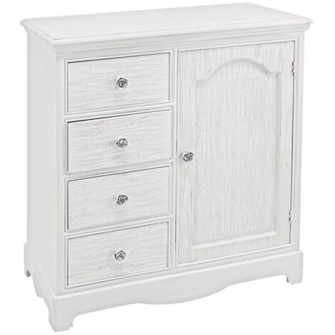 Credenza "Blanc" con struttura in MDF, finitura bianca opaca, effetto decapato, stile classico -1 Anta - 4 Cassetti (1/5)