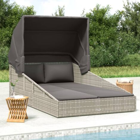 Vidaxl – Transat pliable gris 200x114x128 cm – Résine tressée résistante aux intempéries – Cadre en acier enduit de poudre – 4 coussins inclus