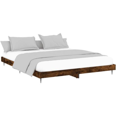 VidaXL Cadre De Lit 150x200 Cm Chêne Fumé - Structure Acier + Bois - Sans Matelas - Tête De Lit Incluse