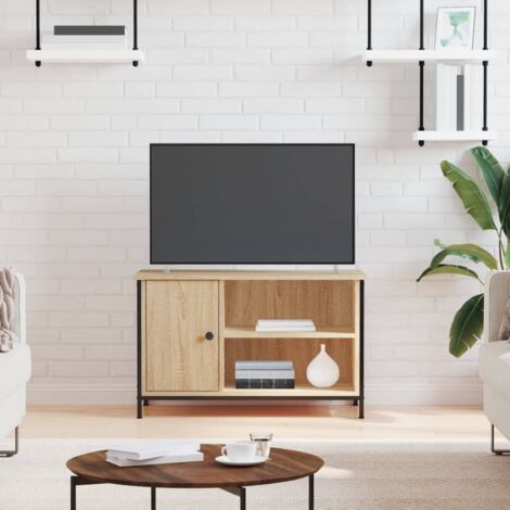 Vidaxl – Meuble TV en bois d'ingénierie Sonoma 80x40x50 cm – 1 compartiment avec porte – 2 étagères ouvertes – Pieds en fer style industriel