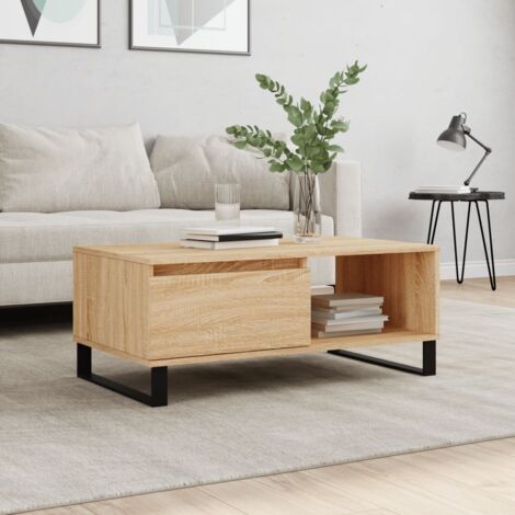 Vidaxl – Table basse fixe en bois d'ingénierie chêne sonoma 90x50x36,5 cm – Surface résistante à l'humidité – Tiroir de rangement intégré – Pieds en métal