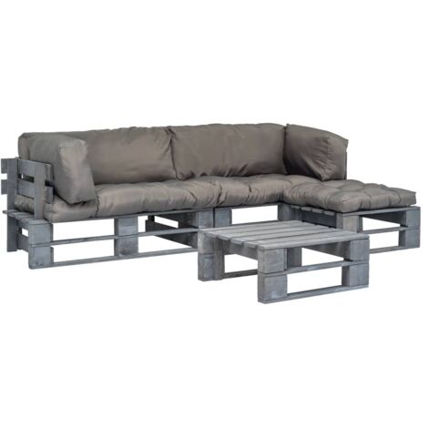 Salon palette de jardin 4 pcs avec coussins gris bois vidaXL (1/5)