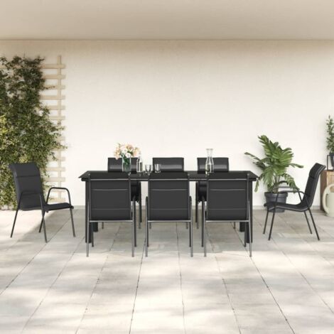 Vidaxl – Ensemble table et chaises de jardin 9 pcs – Noir textilène et acier – Table 200x100cm avec verre trempé – Chaises ergonomiques