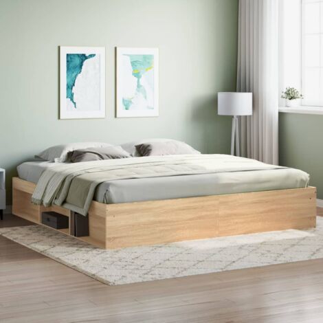 Vidaxl – Cadre de lit 200x200 cm en chêne sonoma – Bois d'ingénierie et pin massif – 6 compartiments de rangement – Assemblage requis