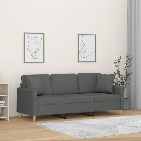 Vidaxl – Canapé droit 3 places gris foncé 180 cm – Tissu polyester durable – Oreillers décoratifs inclus – Cadre métal robuste (1/7)
