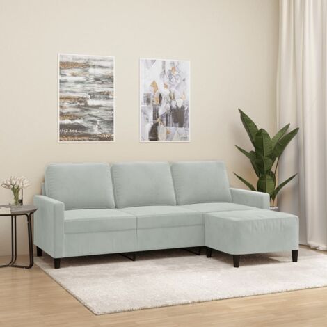 Vidaxl – Canapé droit 3 places velours gris clair 180 cm – Repose-pieds inclus – Structure robuste en métal et contreplaqué – Confort optimal (1/5)