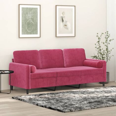 Vidaxl – Canapé droit 3 places bordeaux 180 cm en velours – Coussins décoratifs inclus – Largeur 120 cm – Confort optimal pour salon moderne (1/4)