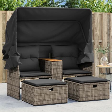 Vidaxl – Canapé de jardin 2 places avec auvent et tabourets gris – Résine tressée et acier enduit – Dimensions 140x62x69 cm – Charge max 110 kg par siège