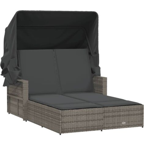 Chaise longue double et auvent et coussins gris résine tressée vidaXL