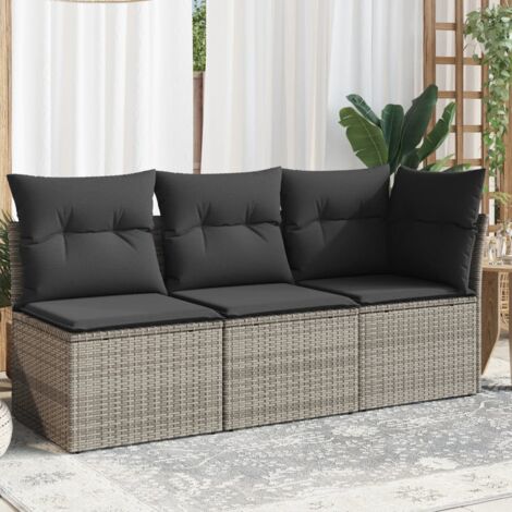 Vidaxl – Canapé de jardin 3 places gris – Résine tressée résistante aux intempéries – Coussins épais avec housses amovibles – Rangement sous l'assise