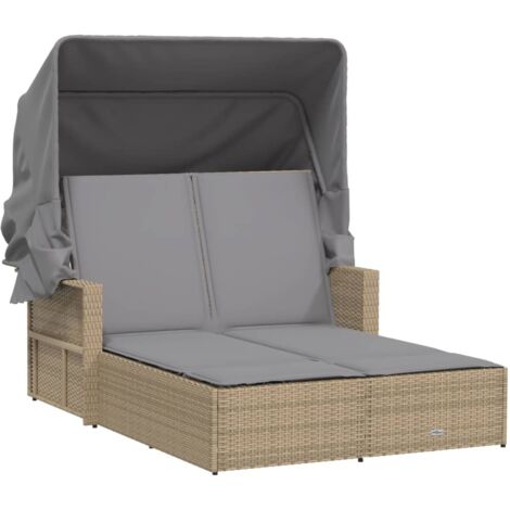 Chaise longue double et auvent et coussins mélange beige rotin vidaXL