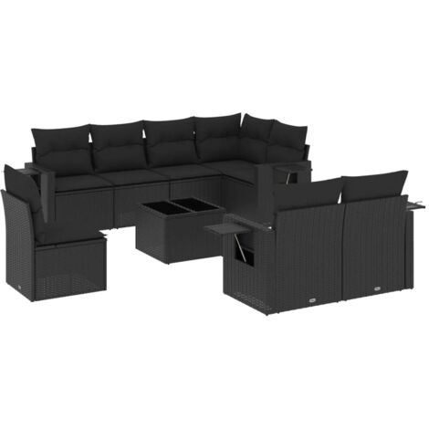 Salon de jardin 9 pcs avec coussins noir résine tressée vidaXL (1/3)