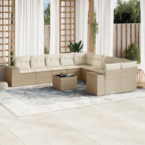 Vidaxl – Salon de jardin modulable 11 pcs – Résine tressée beige – Coussins amovibles – Table en verre trempé – Rangement sous les sièges (1/3)