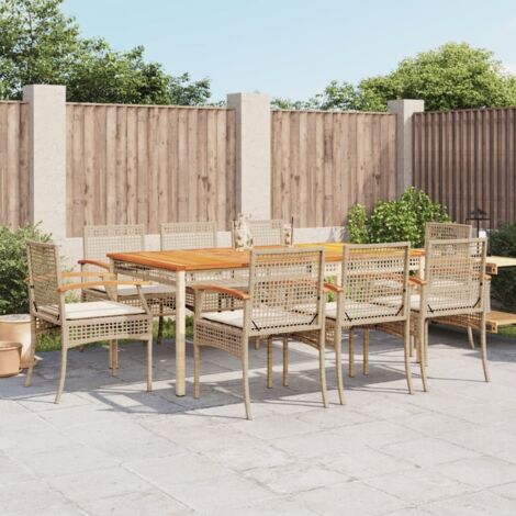 Vidaxl â Ensemble table et chaises de jardin 9 pcs â RĂ©sine tressĂ©e beige â Coussins Ă©pais amovibles â Table en bois d'acacia 180x90cm