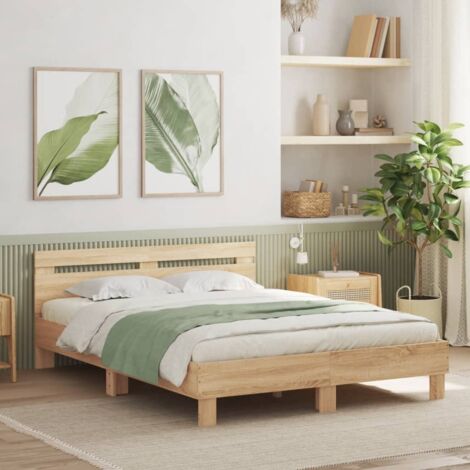 Vidaxl – Cadre de lit avec LED chêne sonoma 140x190 cm – Bois d'ingénierie – Connecteur USB – Assemblage requis – Tête de lit confortable (1/6)