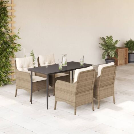 Ensemble De Jardin 5 Pièces Poly Rotin Beige Avec Coussins - Table + 4 Chaises Dossier Rabattable