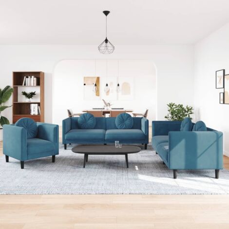 Ensemble de canapés 3 pcs avec coussins bleu velours vidaXL