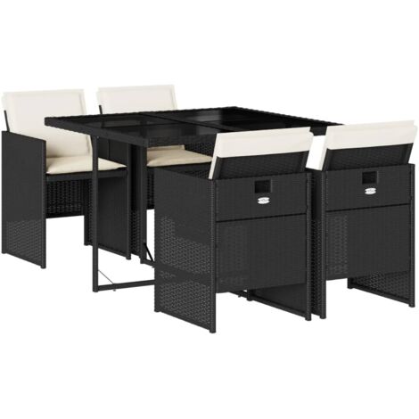 Vidaxl – Ensemble table et chaise de jardin 5 places – Résine tressée noire – Coussins épais amovibles – Dessus en verre trempé