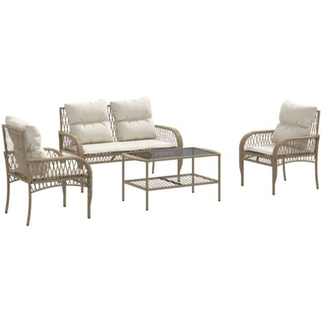 Vidaxl – Salon de jardin 4 places avec coussins – Résine tressée beige – Canapés à 2 places et avec accoudoirs – Table basse en verre trempé (1/5)