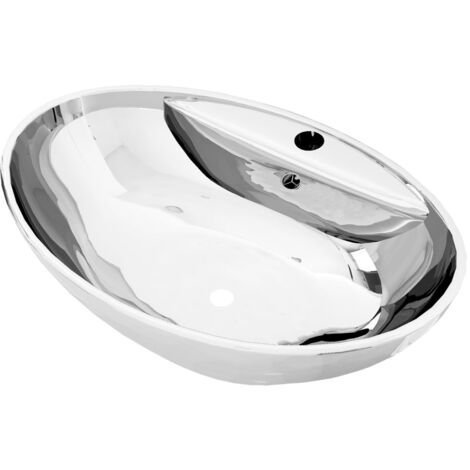 Vidaxl – Vasque à poser en céramique argenté 58,5 x 39 x 21 cm – Forme ovale – Avec trop-plein et trou de robinet – Installation au-dessus du comptoir