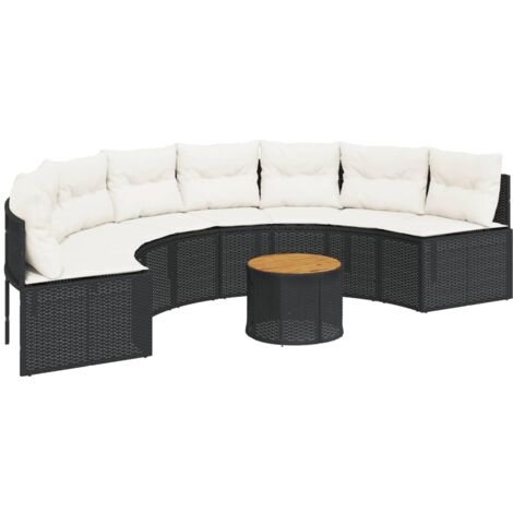 vidaXL Canapé de jardin table coussins demi-rond noir résine tressée