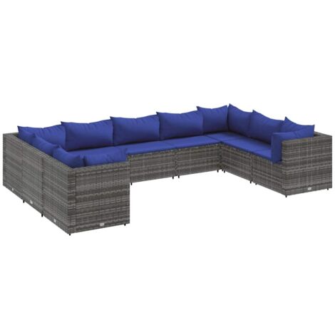 Salon de jardin 9 pcs avec coussins Gris Résine tressée vidaXL (1/5)
