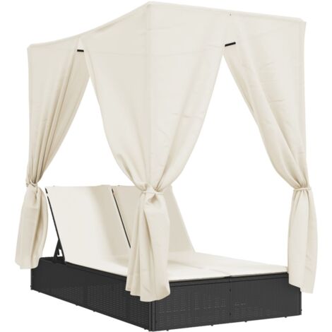 Vidaxl – Chaise longue double avec toit et rideaux – Résine tressée noire – Dossier réglable – Dimensions 200 x 114 x 196 cm – Capacité 280 kg