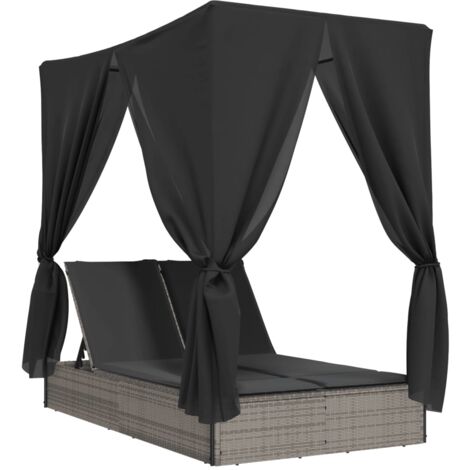 Vidaxl – Chaise longue double avec toit et rideaux – Résine tressée gris – Dossier réglable 4 positions – Dimensions 200x114x196 cm