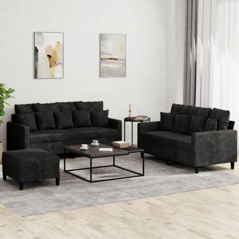Vidaxl – Ensemble de canapés 3 pcs velours noir – 2 canapés 2 places 120/140 cm – 7 grands coussins – Repose-pied inclus – Design compact