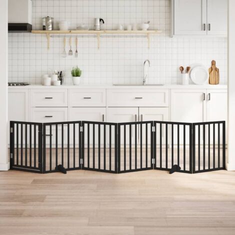 Vidaxl – Barrière de sécurité pour chiens 6 panneaux noir en bois de peuplier – Longueur 300 cm – Pliable et sans installation – Pour petits et moyens chiens