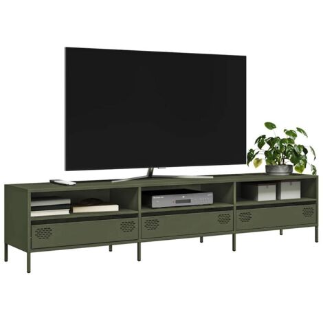 Vidaxl – Meuble TV vert olive 202x39x43,5 cm – Acier laminé à froid – 3 compartiments et 3 tiroirs – Pieds réglables pour stabilité (1/5)