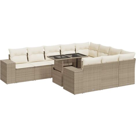 Vidaxl – Salon de jardin 11 pcs – résine tressée beige – table réglable 100x55cm – coussins amovibles et lavables – rangement sous assise (1/6)