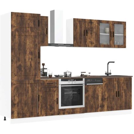 Vidaxl – Ensemble de 8 meubles de cuisine chêne fumé – 1 meuble bas pour évier 80x46x81,5cm – 1 meuble haut avec portes vitrées 80x31x60cm – Espace de rangement optimisé (1/5)