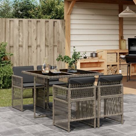 Vidaxl – Ensemble table et chaise de jardin 5 places – Résine tressée gris avec coussins amovibles – Verre trempé – Rangement compact (1/5)