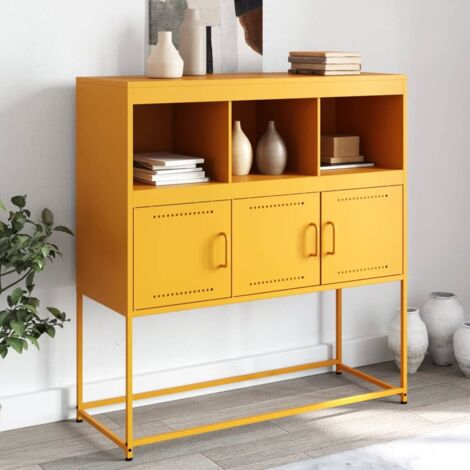 Vidaxl – Buffet jaune moutarde 100,5x39x107 cm – Acier laminé à froid – 3 compartiments et 3 portes – Facile à entretenir (1/5)