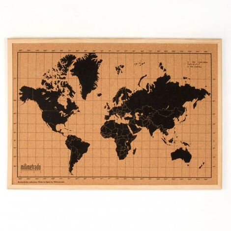Carte du monde liège et cadre bois Noir et marron 70x50 cm milimetrado (1/5)