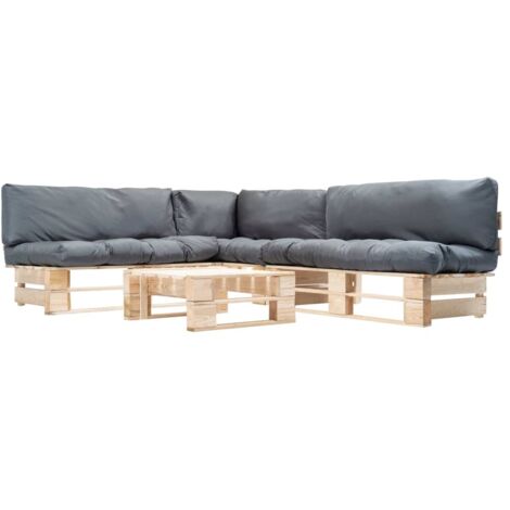 Salon de jardin palette 4 pcs avec coussins gris bois vidaXL