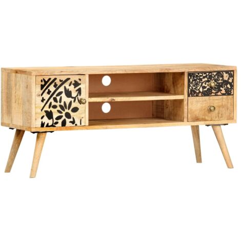 Vidaxl – Meuble TV bois massif de manguier 100x30x45 cm – 2 tiroirs et compartiments – Style industriel – Article poli et laqué (1/8)