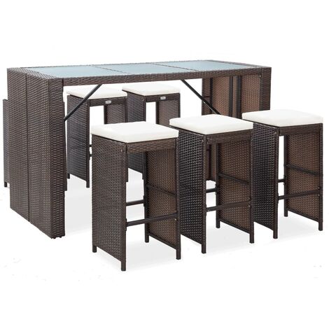 Vidaxl – Ensemble de bar de jardin 7 pcs – Résine tressée marron – Coussins épais amovibles – Table 185x80cm et tabourets 40x40cm