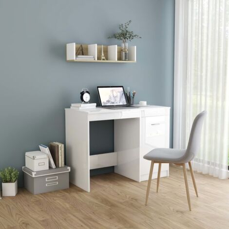 Vidaxl – Bureau droit blanc brillant 100x50x76 cm – Aggloméré facile à nettoyer – Armoire intégrée pour rangement – Style moderne (1/7)