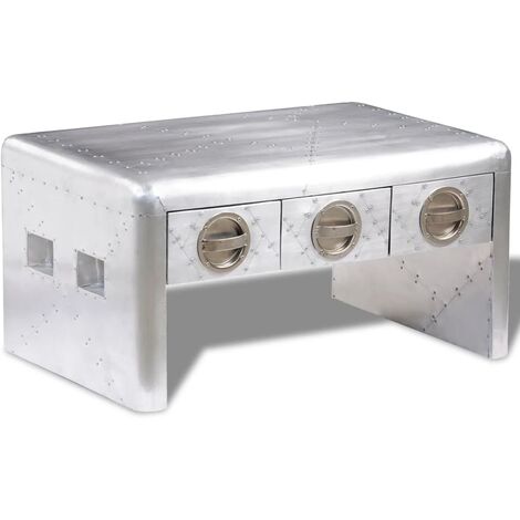 Vidaxl – Table basse fixe 3 tiroirs vintage en bois et aluminium poli – Dimensions 80x50x40cm – Design compact avec vis en acier exposées (1/5)