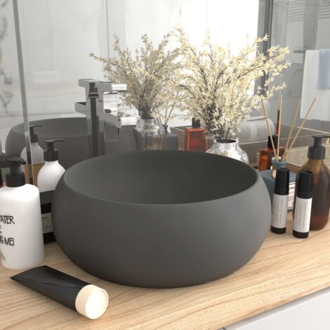 Vidaxl – Vasque à poser ronde en céramique gris foncé mat 40x15 cm – Design luxueux – Installation au-dessus du comptoir – Trou de vidange 4,5 cm