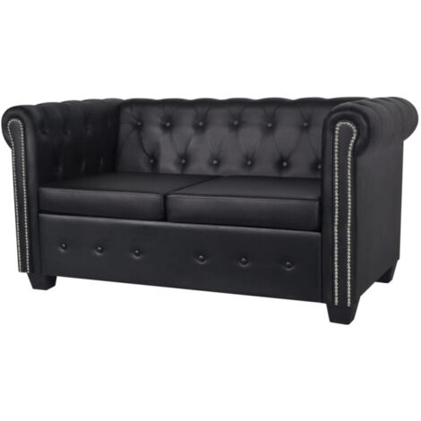 Vidaxl – Canapé Chesterfield 2 places cuir synthétique noir – Rembourrage épais pour confort – Structure en bois durable – Dimensions 145,5 x 76 x 70 cm