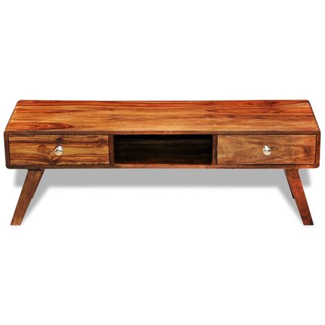 Meuble TV Table de Salon Table Basse avec Deux tiroirs Bois Solide de Sesham pour Bureau TV 120x35x45 cm