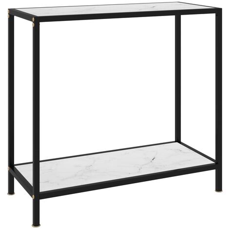Vidaxl – Table console en verre trempé blanc 80x35x75 cm – Acier enduit de poudre – Étagère de rangement – Texture marbre