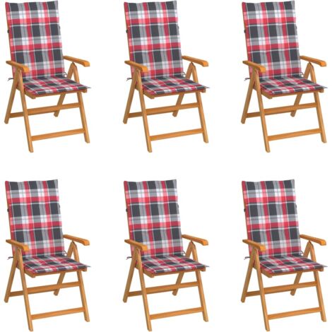 Chaises de jardin lot de 6 et coussins carreaux rouge Bois teck vidaXL (1/5)