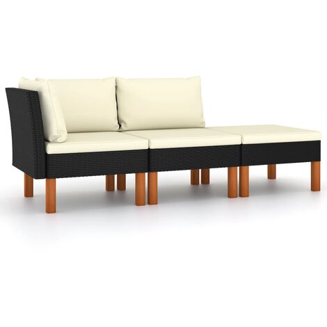Vidaxl – Salon de jardin 3pcs résine tressée et bois d'eucalyptus massif – Coussins amovibles et lavables – Dimensions canapé : 60,5 x 64,5 x 67 cm (1/9)
