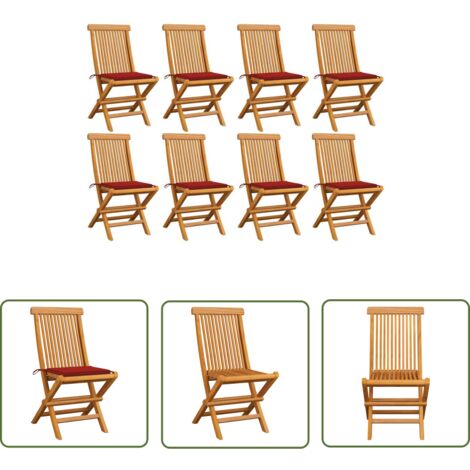 Chaises de jardin et coussins rouge lot de 8 Bois teck massif vidaXL (1/5)